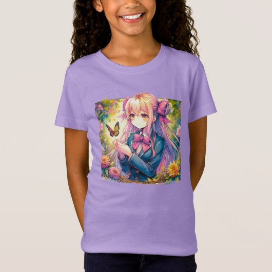 Anime Girl and Butterfly Wassercolor T-Shirt (Vorderseite)