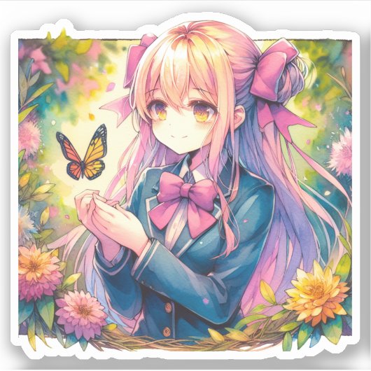 Anime Girl and Butterfly Wasserfarben Kunst Aufkleber (Vorderseite)