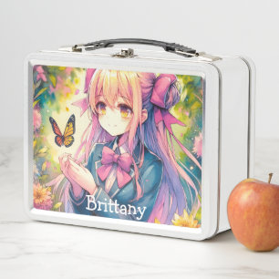 Anime Girl and Butterfly Wasserfarben Kunst Metall Brotdose
