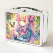 Anime Girl and Butterfly Wasserfarben Kunst Metall Brotdose (Vorderseite)