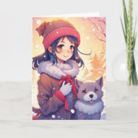Anime Girl and Dog mit Weihnachten Hintergrund