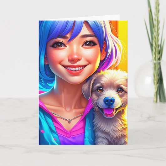 Anime Girl and Puppy Dog Personalisiert zum Geburt Karte (Vorderseite)