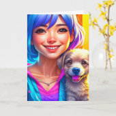 Anime Girl and Puppy Dog Personalisiert zum Geburt Karte (Gelbe Blume)