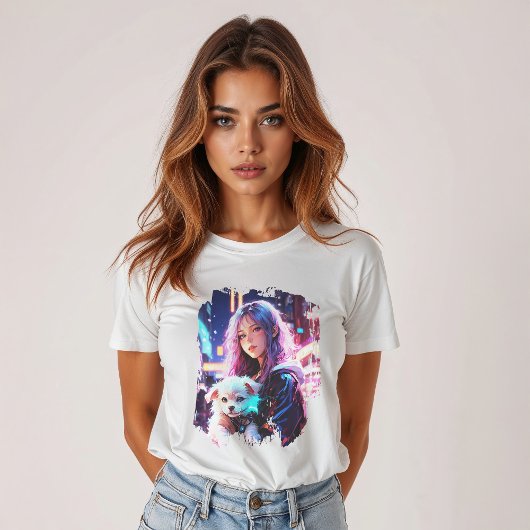 Anime Girl and Puppy: Whimsical Night City T-Shirt