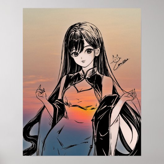 Anime Girl and Sunset Costume Illustration Poster (Vorne)