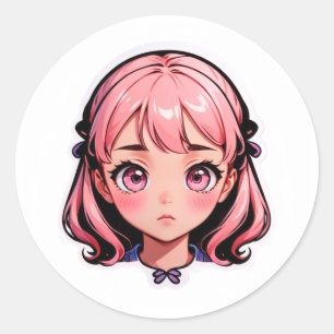 Anime-Girl-Aufkleber - Rosa Haare im Chibi-Stil  Runder Aufkleber