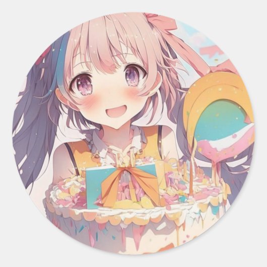 Anime Girl Birthday Cake Runder Aufkleber (Vorderseite)