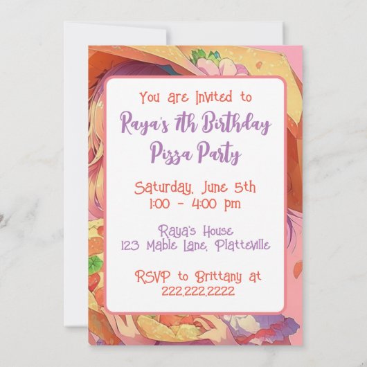 Anime Girl Birthday Pizza Party Einladung (Rückseite)