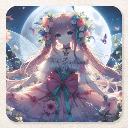 Anime Girl Blume Moon Fairy Rechteckiger Pappuntersetzer (Vorderseite)