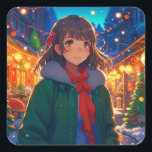Anime Girl Christmas Lights Quadratischer Aufkleber<br><div class="desc">Hübsches Anime-Mädchen an einem Wintertag Weihnachtskleber.</div>