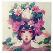 Anime Girl Crowned with Lotus Blossoms Fliese (Vorderseite)