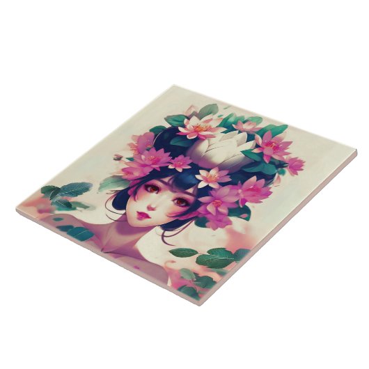 Anime Girl Crowned with Lotus Blossoms Fliese (Seite)