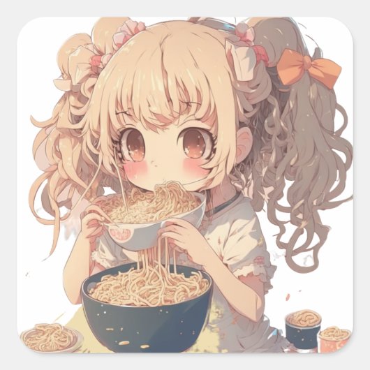 Anime Girl Eating Ramen Noodles Quadratischer Aufkleber (Vorderseite)