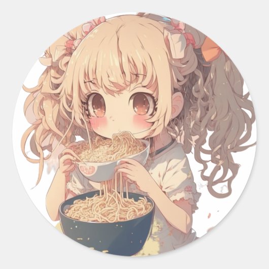 Anime Girl Eating Ramen Noodles Runder Aufkleber (Vorderseite)