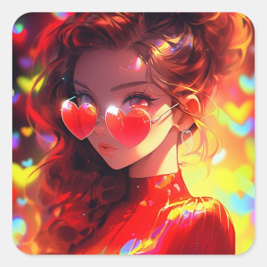 Anime Girl Hearts Quadratischer Aufkleber (Vorderseite)