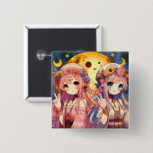 Anime Girl Hippie Moon Girls geben Friedenszeichen Button (Vorne & Hinten)