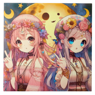 Anime Girl Hippie Moon Girls geben Friedenszeichen Fliese