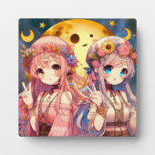 Anime Girl Hippie Moon Girls geben Friedenszeichen Fotoplatte (Vorderseite)