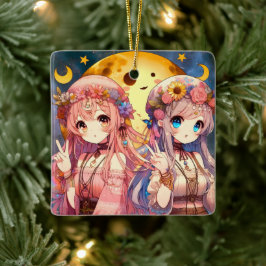 Anime Girl Hippie Moon Girls geben Friedenszeichen Keramikornament