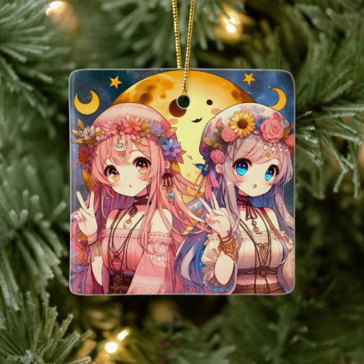Anime Girl Hippie Moon Girls geben Friedenszeichen Keramikornament (Baum)