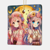 Anime Girl Hippie Moon Girls geben Friedenszeichen Keramikornament (Links)