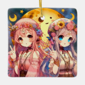 Anime Girl Hippie Moon Girls geben Friedenszeichen Keramikornament (Vorderseite)