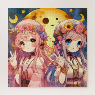 Anime Girl Hippie Moon Girls geben Friedenszeichen Puzzle