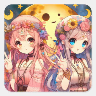 Anime Girl Hippie Moon Girls geben Friedenszeichen Quadratischer Aufkleber