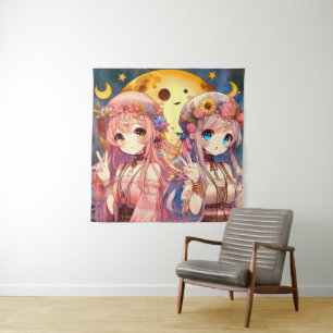 Anime Girl Hippie Moon Girls geben Friedenszeichen Wandteppich