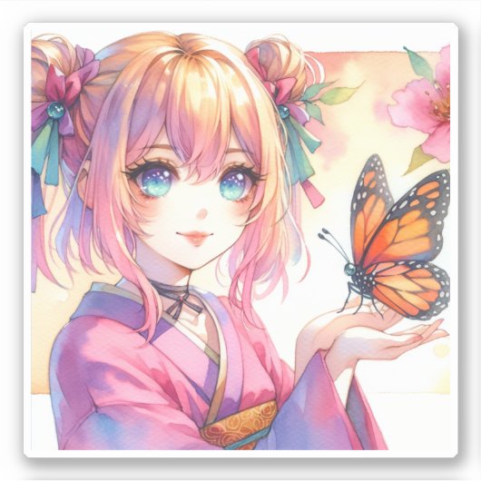 Anime Girl Holding a Butterfly Aufkleber (Vorderseite)