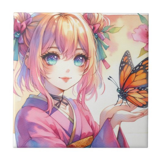 Anime Girl Holding a Butterfly Fliese (Vorderseite)
