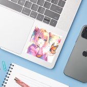 Anime Girl Holding a Butterfly Kunst Aufkleber (Laptop mit iPhone)