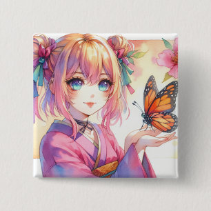Anime Girl Holding a Butterfly Kunst Button