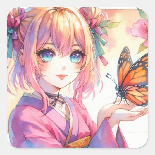 Anime Girl Holding a Butterfly Kunst Quadratischer Aufkleber (Vorderseite)