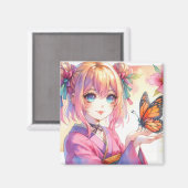 Anime Girl Holding a Butterfly Magnet (Vorderseite/Rückseite)
