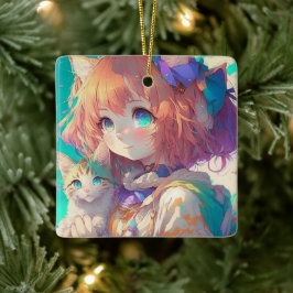 Anime Girl Holding an Adorable Kitten Keramikornament