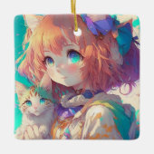 Anime Girl Holding an Adorable Kitten Keramikornament (Vorderseite)