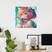 Anime Girl Holding an Adorable Kitten Poster (Heimbüro)