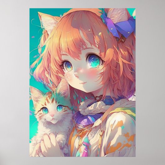 Anime Girl Holding an Adorable Kitten Poster (Vorne)