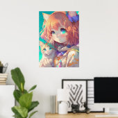 Anime Girl Holding an Adorable Kitten Poster (Heimbüro)