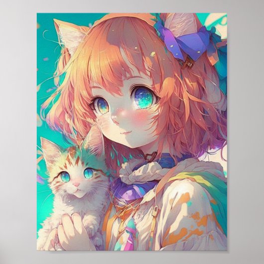 Anime Girl Holding an Adorable Kitten Poster (Vorne)