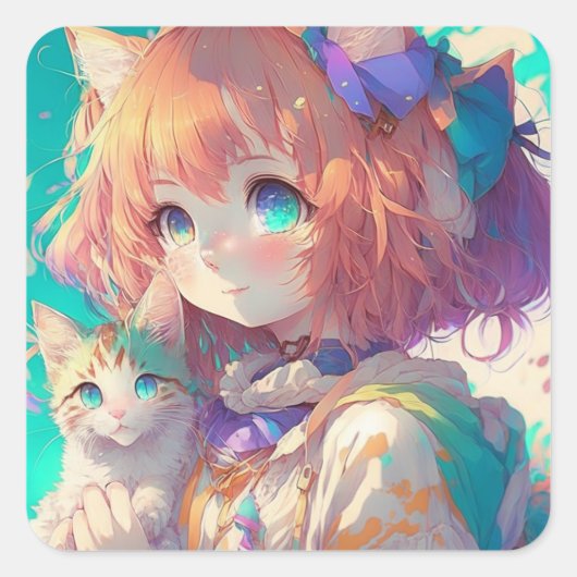 Anime Girl Holding an Adorable Kitten Quadratischer Aufkleber (Vorderseite)