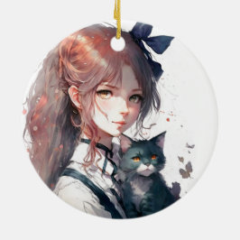 Anime Girl Holding Her Cat Watercolor Portrait Keramik Ornament