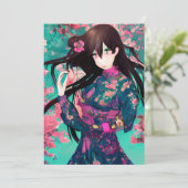 Anime Girl im rosa Hintergrund mit Sonnenuntergang Einladung (Stehend Vorderseite)