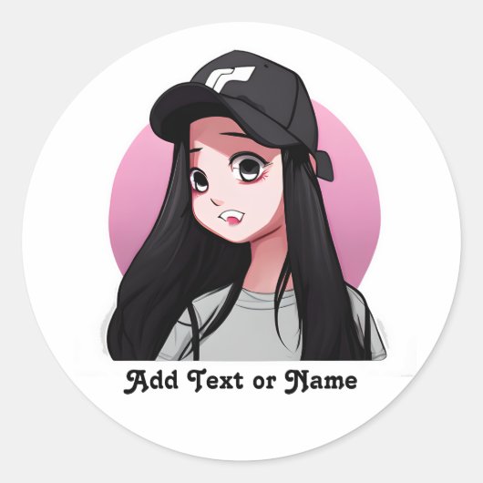 Anime Girl in Black Cap Personalisiert Runder Aufkleber (Vorderseite)