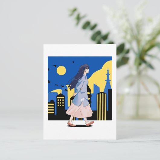 Anime Girl in der Stadt der Nacht Postkarte (Stehend Vorderseite)