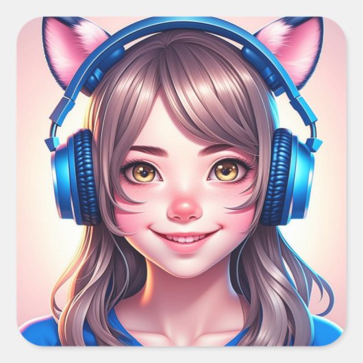 Anime Girl in Gaming oder Music Headphones Quadratischer Aufkleber (Vorderseite)