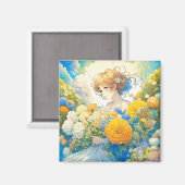 Anime Girl in Gelb und Blumen Magnet (Vorderseite/Rückseite)
