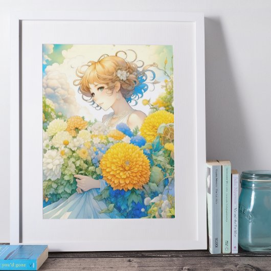 Anime Girl in Gelb und Blumen Poster
