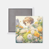 Anime Girl in Gelben Blumen Magnet (Vorderseite/Rückseite)